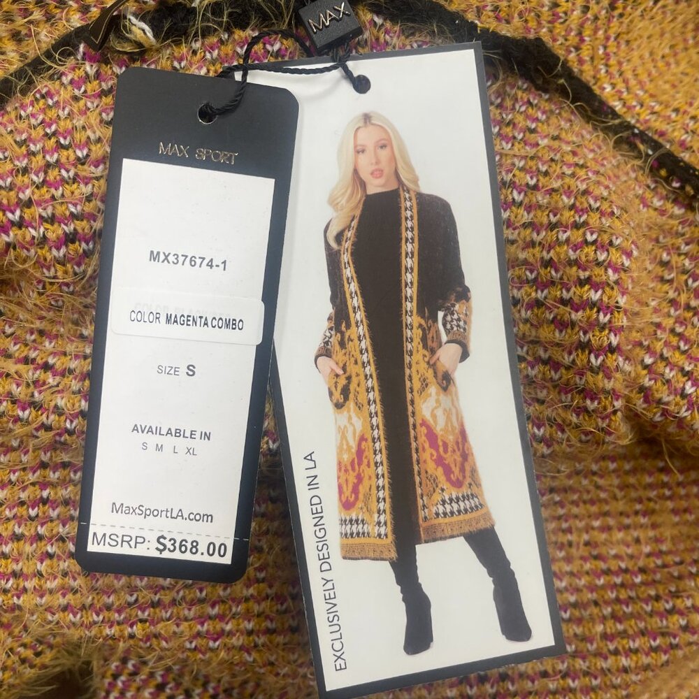 NWT Small Max Sport LA Boho B&W/Gold/Pink Long Sweater Duster with front pockets - Picture 2 of 15